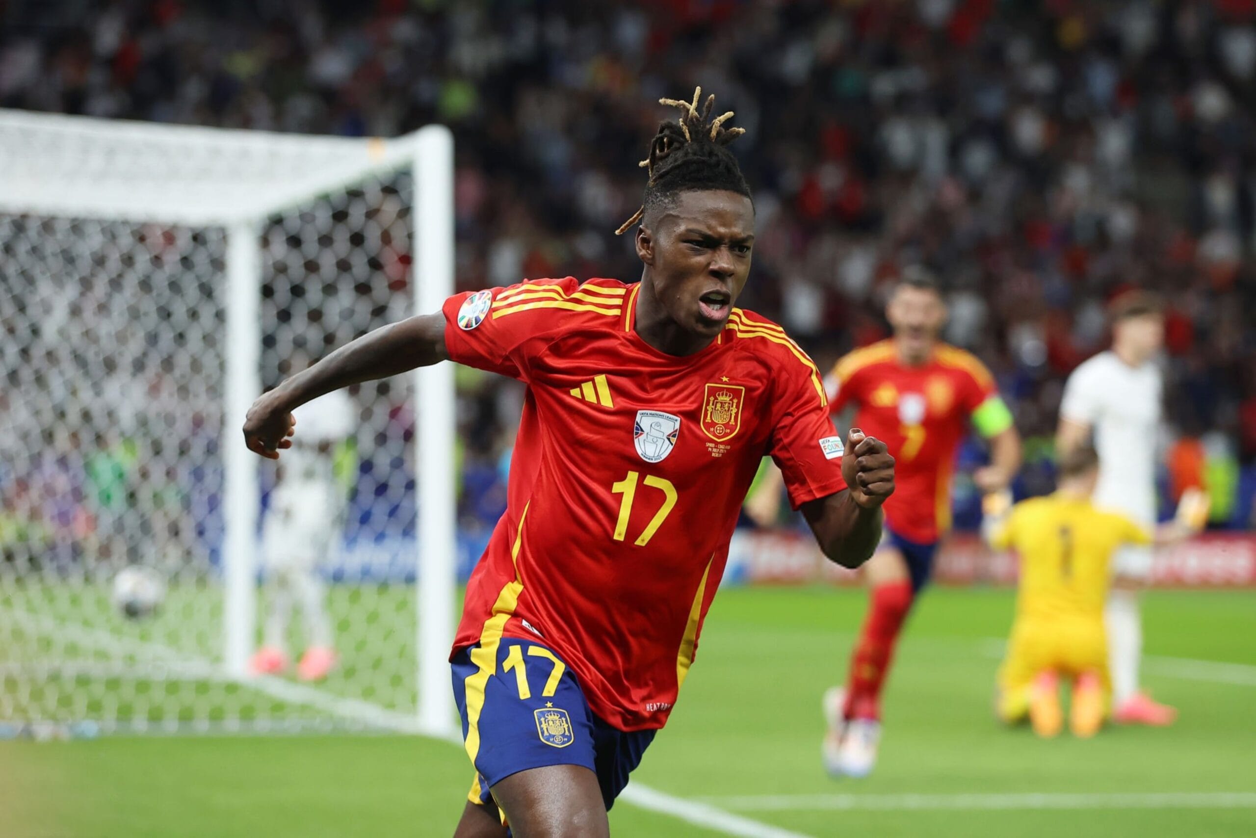 ERLIN, GERMANY - JULY 14: Nico Williams of Spain celebrates scoring his team's first goal during the UEFA EURO 2024 final match between Spain and England at Olympiastadion on July 14, 2024 in Berlin, Germany. (Photo by Richard Pelham/Getty Images)