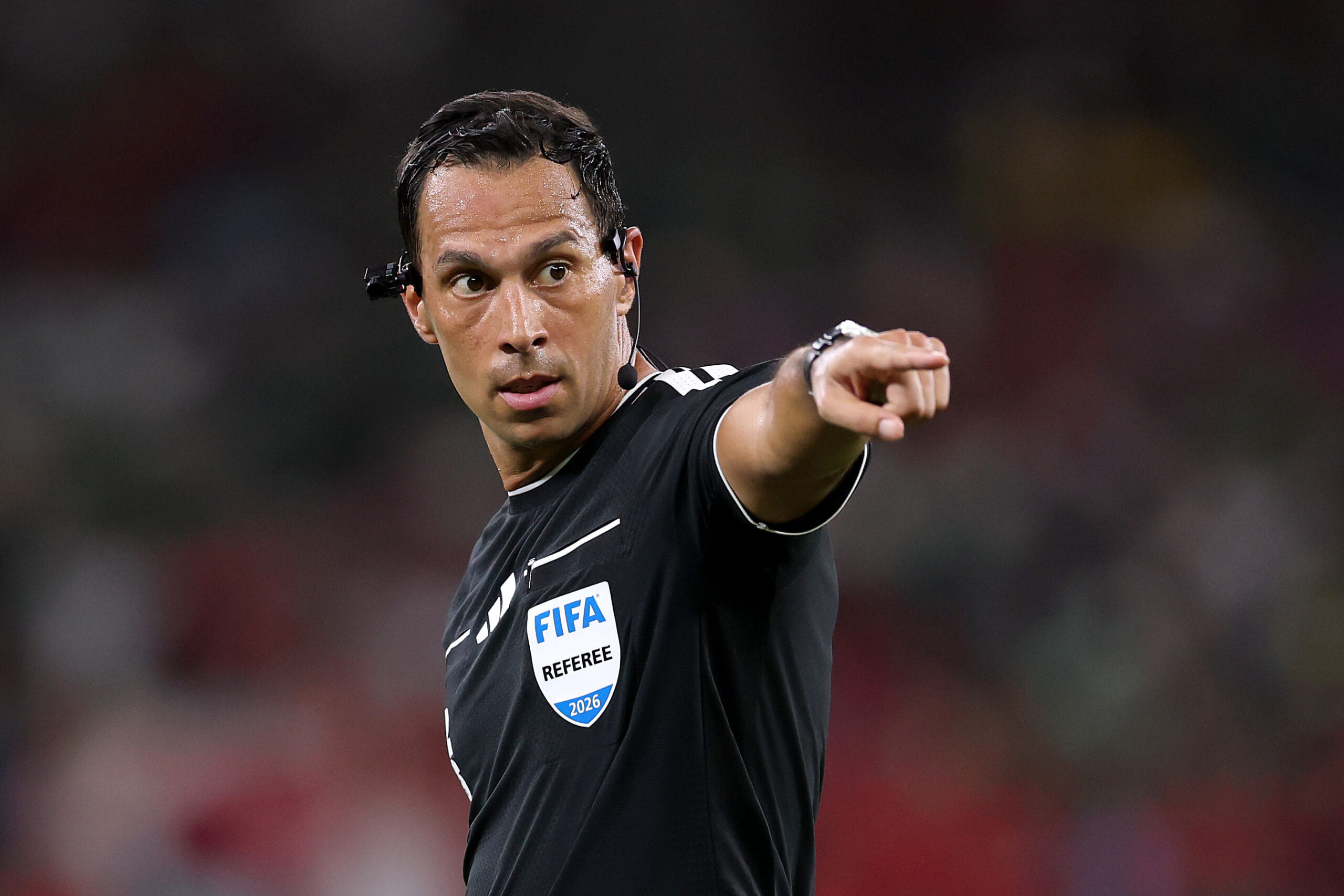 GUADALUPE, MEXICO - JUNE 24: Referee Facundo Tello gestures during the FIFA World Cup 2026 Group A match between South Africa and Korea Republic at Monterrey Stadium on June 24, 2026 in Guadalupe, Mexico. (Photo by Luke Hales/Getty Images)