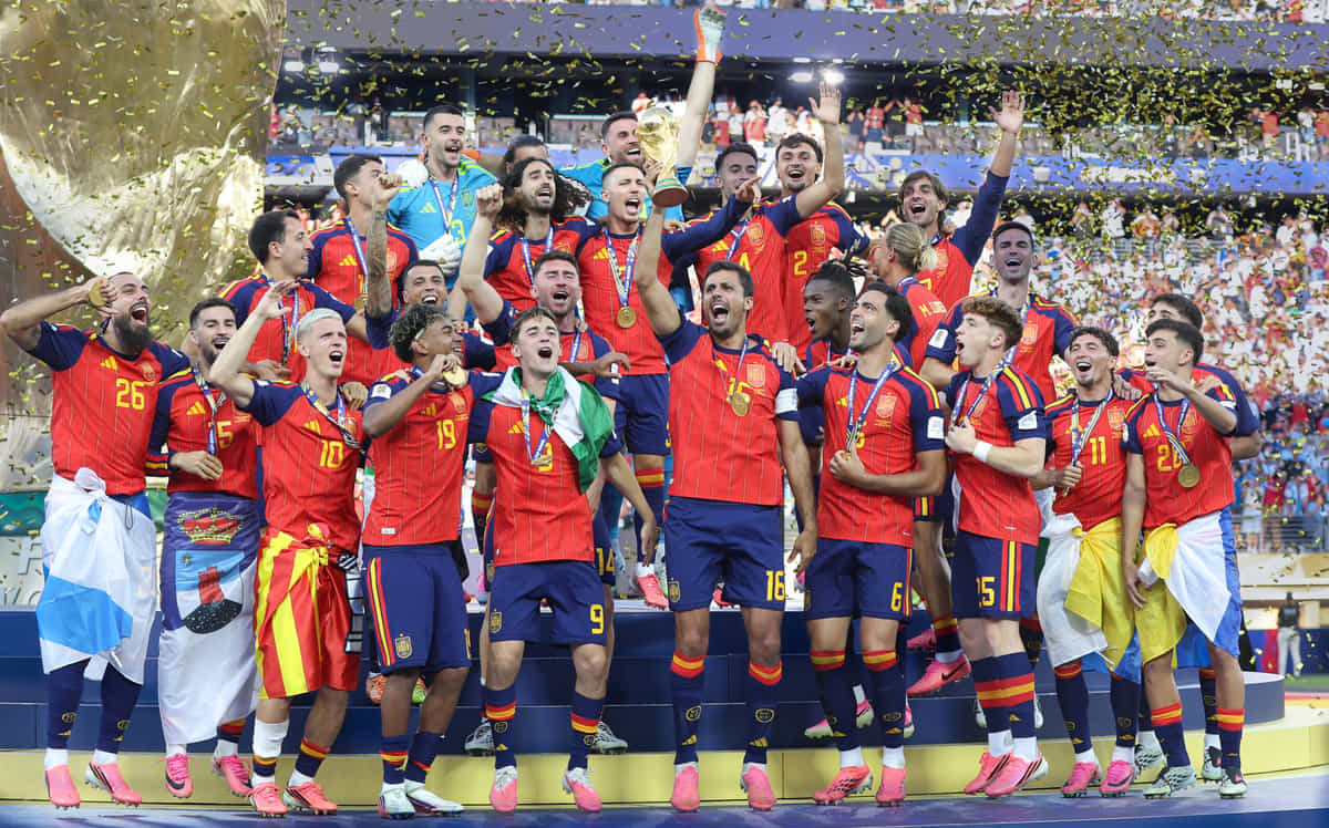 EAST RUTHERFORD, NEW JERSEY - JULY 19: Spain's Rodri lifts the World Cup during the FIFA World Cup 2026 Final match between Spain and Argentina at New York New Jersey Stadium on July 19, 2026 in East Rutherford, United States. (Photo by Rob Newell - CameraSport via Getty Images)