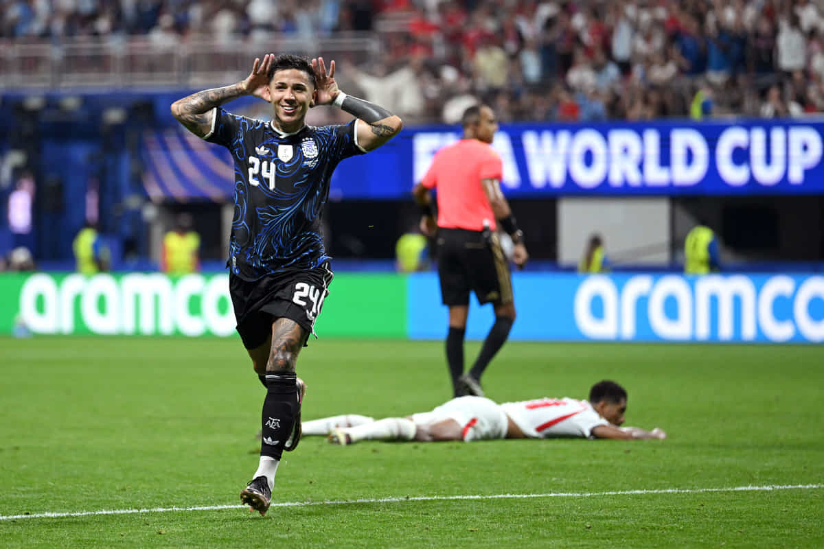 ATLANTA, GEORGIA - JULY 15: Enzo Fernandez #24 of Argentina celebrates scoring his team's first goal during the FIFA World Cup 2026 Semi Final match between England and Argentina at Atlanta Stadium on July 15, 2026 in Atlanta, Georgia. (Photo by Shaun Botterill/Getty Images)