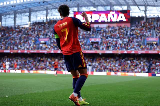 A CORUNA, SPAIN - JUNE 4: Ferran Torres of Spain celebrates 1-0 during the International Friendly match between Spain v Iraq at the Riazor on June 4, 2026 in A Coruna Spain (Photo by Maria Gracia Jimenez/Soccrates/Getty Images)