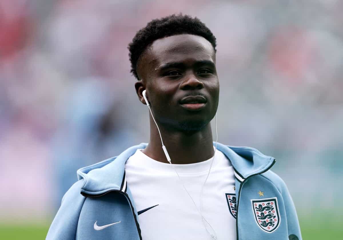 EAST RUTHERFORD, NEW JERSEY - JUNE 27: Bukayo Saka #7 of England inspects the pitch before the FIFA World Cup 2026 Group L match between Panama and England at New York New Jersey Stadium on June 27, 2026 in East Rutherford, New Jersey. (Photo by Mattia Ozbot/Getty Images)