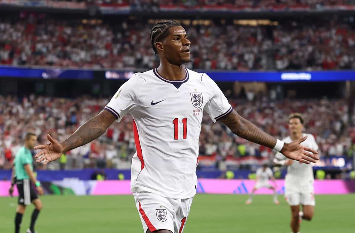 DALLAS, TEXAS - JUNE 17: Marcus Rashford of England celebrates after he scores a goal to make it 4-2 during the FIFA World Cup 2026 Group L match between England and Croatia at Dallas Stadium on June 17, 2026 in Dallas, Texas. (Photo by Catherine Ivill - AMA/Getty Images)