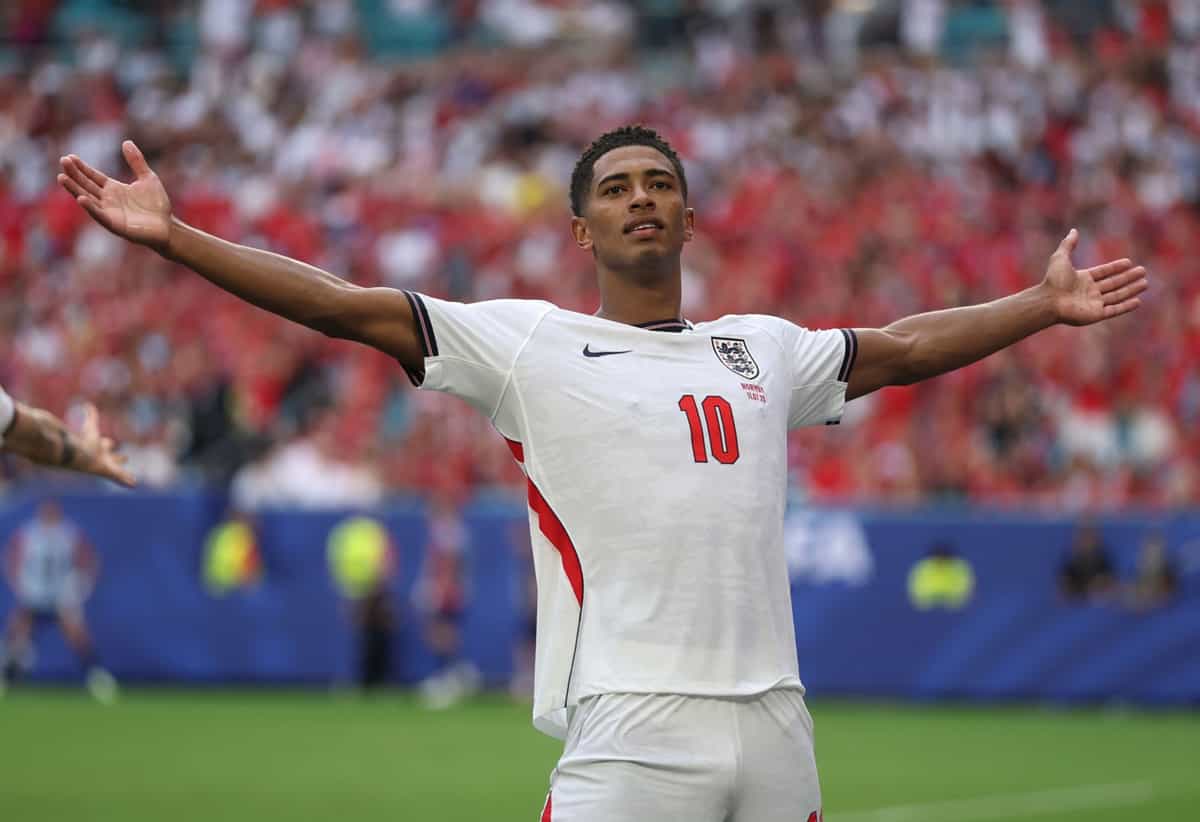 MIAMI GARDENS, FLORIDA - JULY 11: Jude Bellingham #10 of England celebrates scoring his team's second goal during the FIFA World Cup 2026 Quarter Final match between Norway and England at Miami Stadium on July 11, 2026 in Miami Gardens, Florida. (Photo by Richard Pelham/Getty Images)