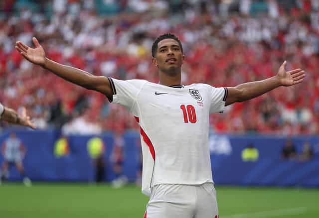 MIAMI GARDENS, FLORIDA - JULY 11: Jude Bellingham #10 of England celebrates scoring his team's second goal during the FIFA World Cup 2026 Quarter Final match between Norway and England at Miami Stadium on July 11, 2026 in Miami Gardens, Florida. (Photo by Richard Pelham/Getty Images)