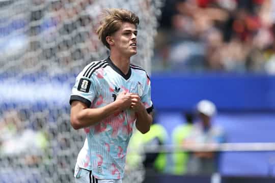 INGLEWOOD, CALIFORNIA - JULY 10: Charles De Ketelaere #17 of Belgium celebrates after scoring his team's first goal during the FIFA World Cup 2026 Quarter Final match between Spain and Belgium at Los Angeles Stadium on July 10, 2026 in Inglewood, California. (Photo by Omar Vega/Getty Images)