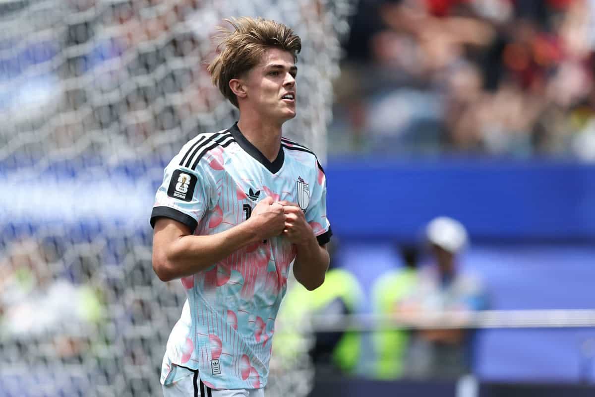 INGLEWOOD, CALIFORNIA - JULY 10: Charles De Ketelaere #17 of Belgium celebrates after scoring his team's first goal during the FIFA World Cup 2026 Quarter Final match between Spain and Belgium at Los Angeles Stadium on July 10, 2026 in Inglewood, California. (Photo by Omar Vega/Getty Images)