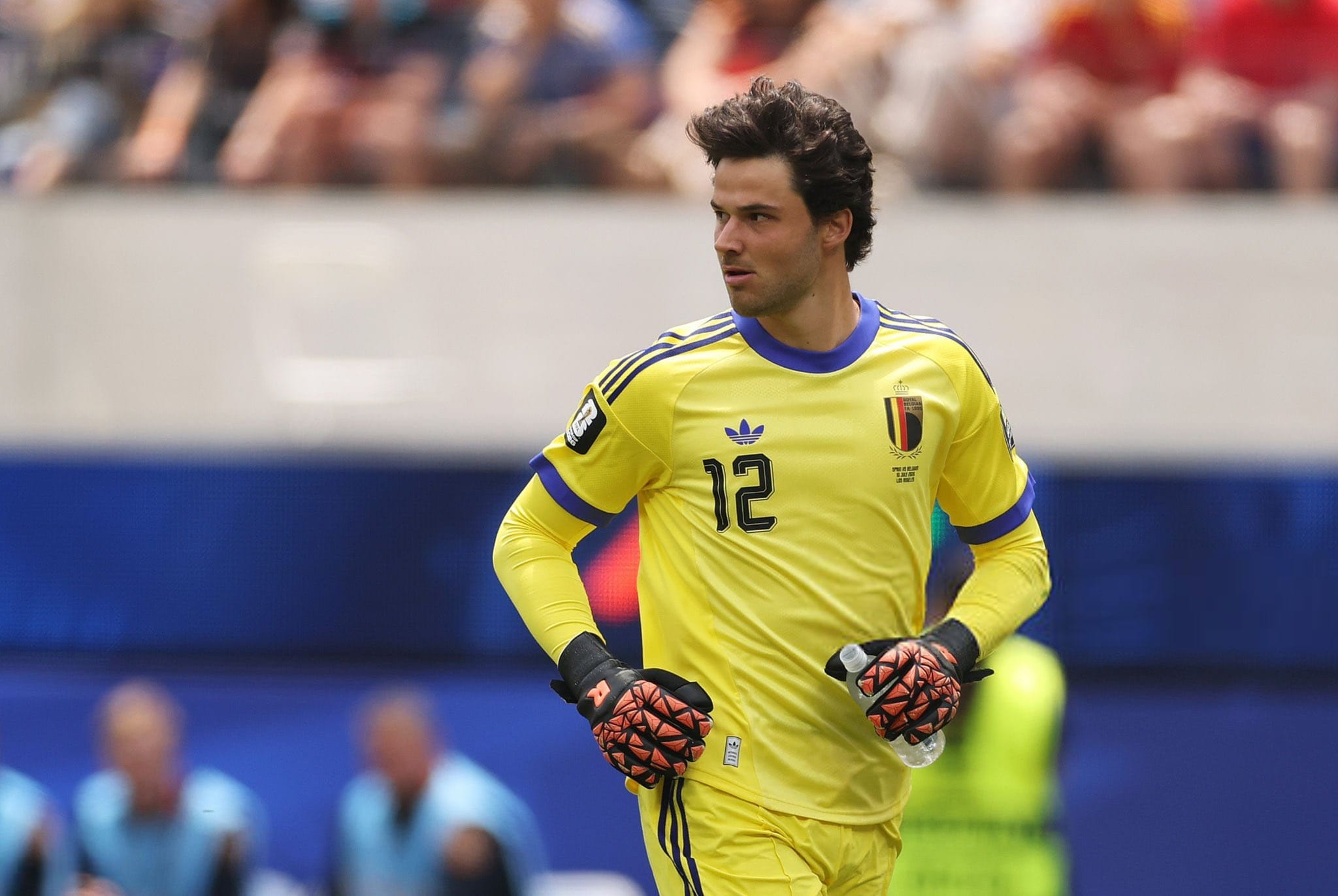 INGLEWOOD, CALIFORNIA - JULY 10: Senne Lammens #12 of Belgium looks on during the FIFA World Cup 2026 Quarter Final match between Spain and Belgium at Los Angeles Stadium on July 10, 2026 in Inglewood, California. (Photo by Florencia Tan Jun/Getty Images)