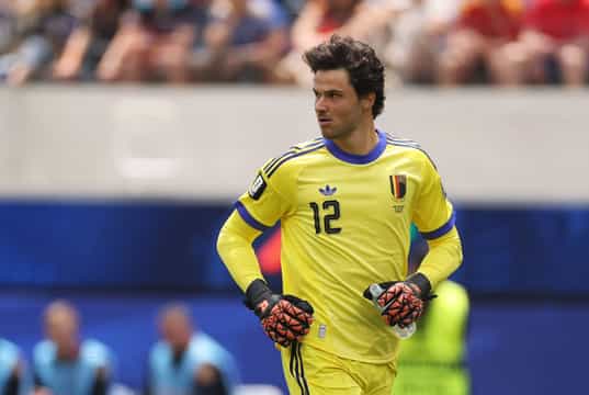 INGLEWOOD, CALIFORNIA - JULY 10: Senne Lammens #12 of Belgium looks on during the FIFA World Cup 2026 Quarter Final match between Spain and Belgium at Los Angeles Stadium on July 10, 2026 in Inglewood, California. (Photo by Florencia Tan Jun/Getty Images)