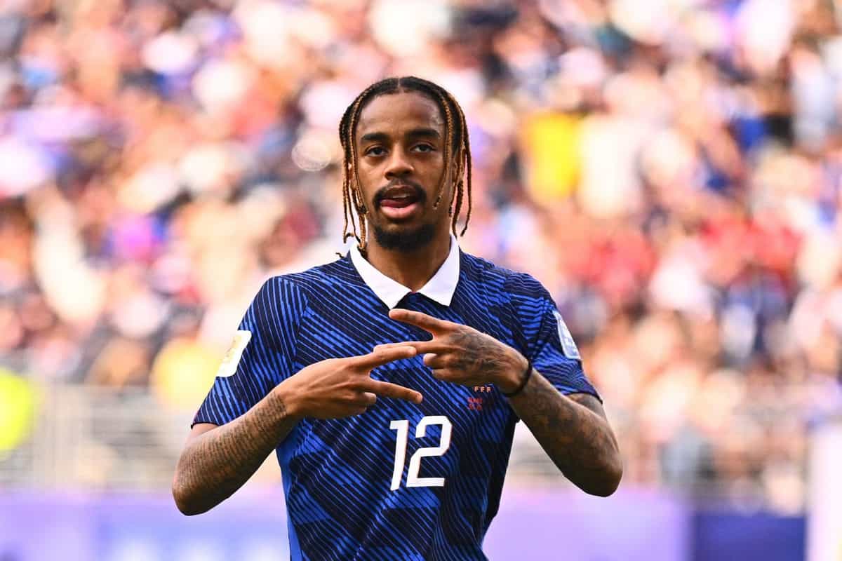 30 June 2026, USA, East Rutherford: Soccer, Men, 2026 World Cup, France vs. Sweden, Knockout Stage, Round of 16, New YorkNew Jersey Stadium, Bradley Barcola (France) celebrates after scoring the goal that made it 20. PLEASE NOTE: In accordance with FIFA regulations, these images may be used exclusively for editorial purposes. Commercial use is prohibited. Furthermore, no video-like sequences may be created, and no alterations may be made to the image, either in the foreground or the background. Photo: Tom Weller/dpa (Photo by Tom Weller/picture alliance via Getty Images)