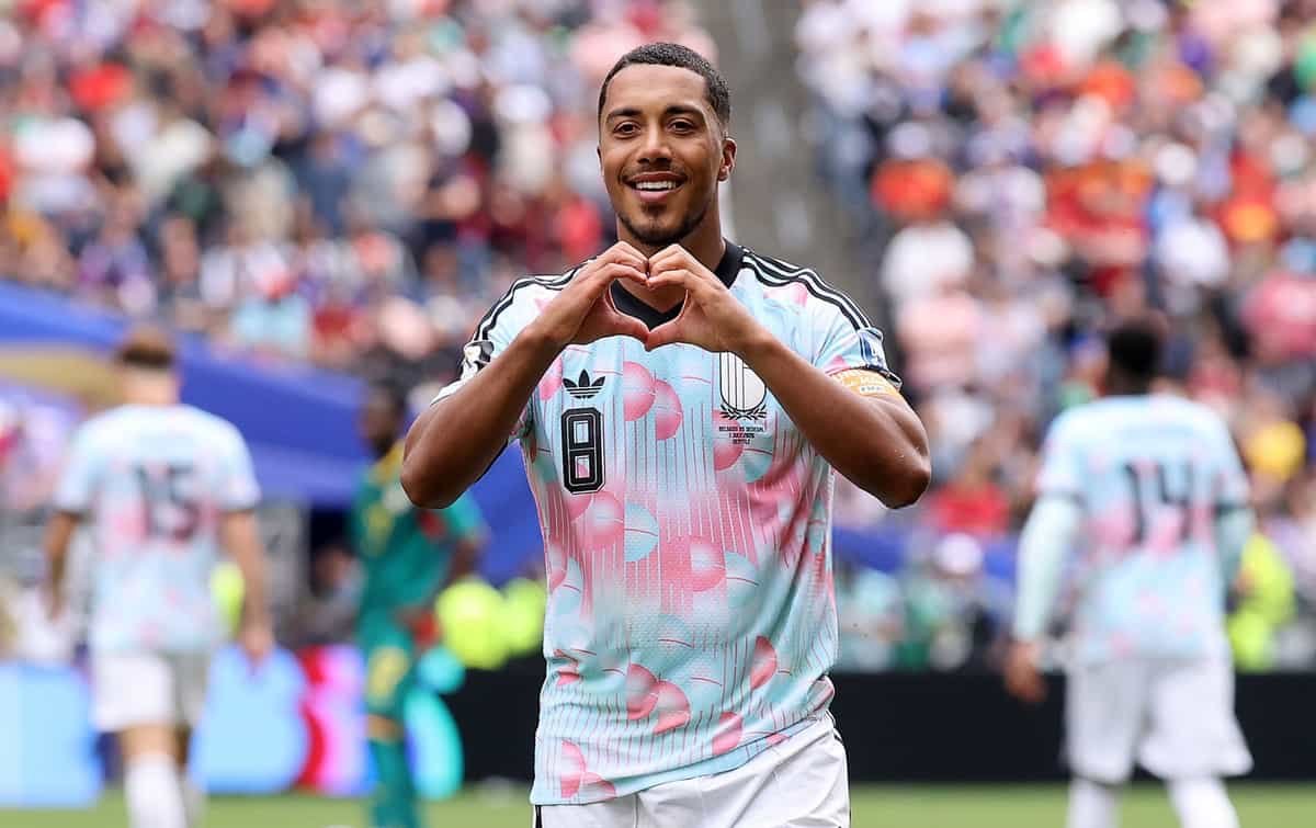 SEATTLE, WASHINGTON - JULY 01: Youri Tielemans #8 of Belgium celebrates scoring his team's third goal during the FIFA World Cup 2026 Round Of 32 match between Belgium and Senegal at Seattle Stadium on July 01, 2026 in Seattle, Washington. (Photo by Alex Grimm/Getty Images)