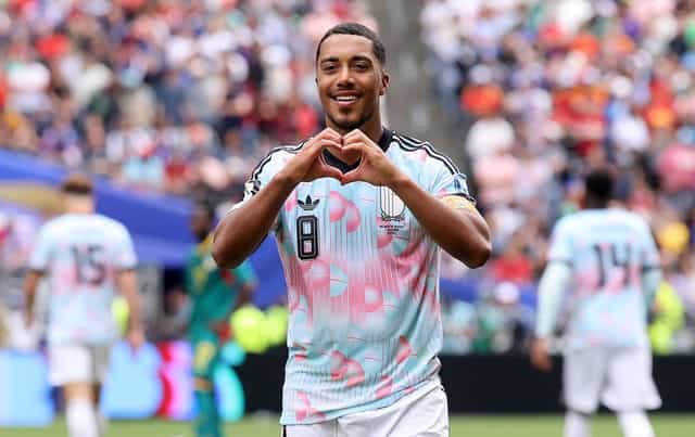 SEATTLE, WASHINGTON - JULY 01: Youri Tielemans #8 of Belgium celebrates scoring his team's third goal during the FIFA World Cup 2026 Round Of 32 match between Belgium and Senegal at Seattle Stadium on July 01, 2026 in Seattle, Washington. (Photo by Alex Grimm/Getty Images)
