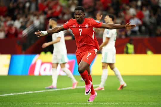 VANCOUVER, BRITISH COLUMBIA - JULY 02: Breel Embolo #7 of Switzerland celebrates scoring his team's first goal during the FIFA World Cup 2026 Round of 32 match between Switzerland and Algeria at BC Place Vancouver on July 02, 2026 in Vancouver, British Columbia. (Photo by Jared C. Tilton - FIFA/FIFA via Getty Images)