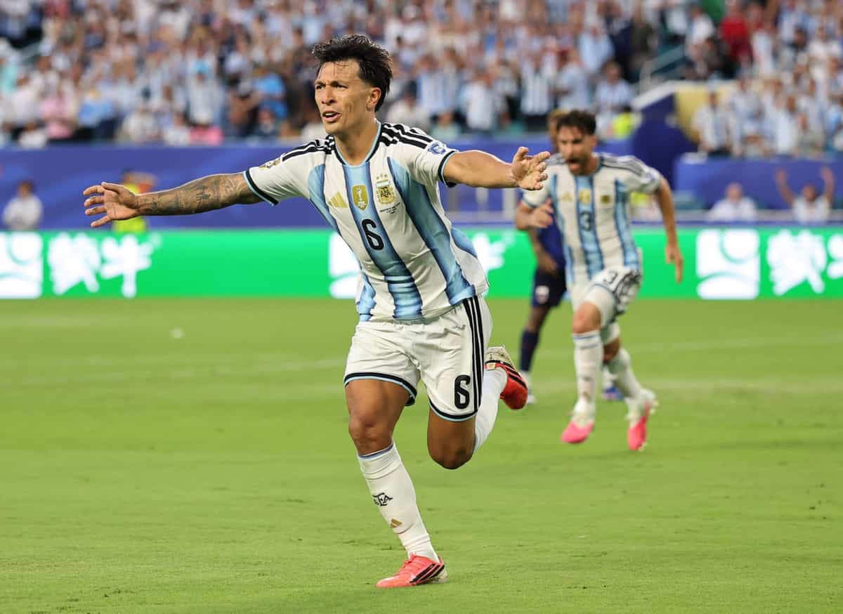 MIAMI GARDENS, FLORIDA - JULY 03: Lisandro Martinez #6 of Argentina celebrates scoring his team's second goal during the FIFA World Cup 2026 Round of 32 match between Argentina and Cabo Verde at Miami Stadium on July 03, 2026 in Miami Gardens, Florida. (Photo by Michael Reaves/Getty Images)