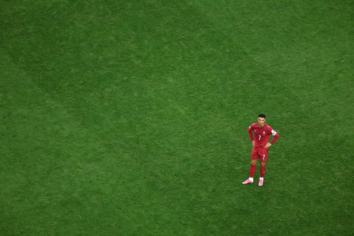 ARLINGTON, TEXAS - JULY 06: Cristiano Ronaldo #7 of Portugal reacts after conceding a first goal to Mikel Merino #6 of Spain during the FIFA World Cup 2026 Round of 16 match between Portugal and Spain at Dallas Stadium on July 06, 2026 in Arlington, Texas. (Photo by Kevin C. Cox/Getty Images)