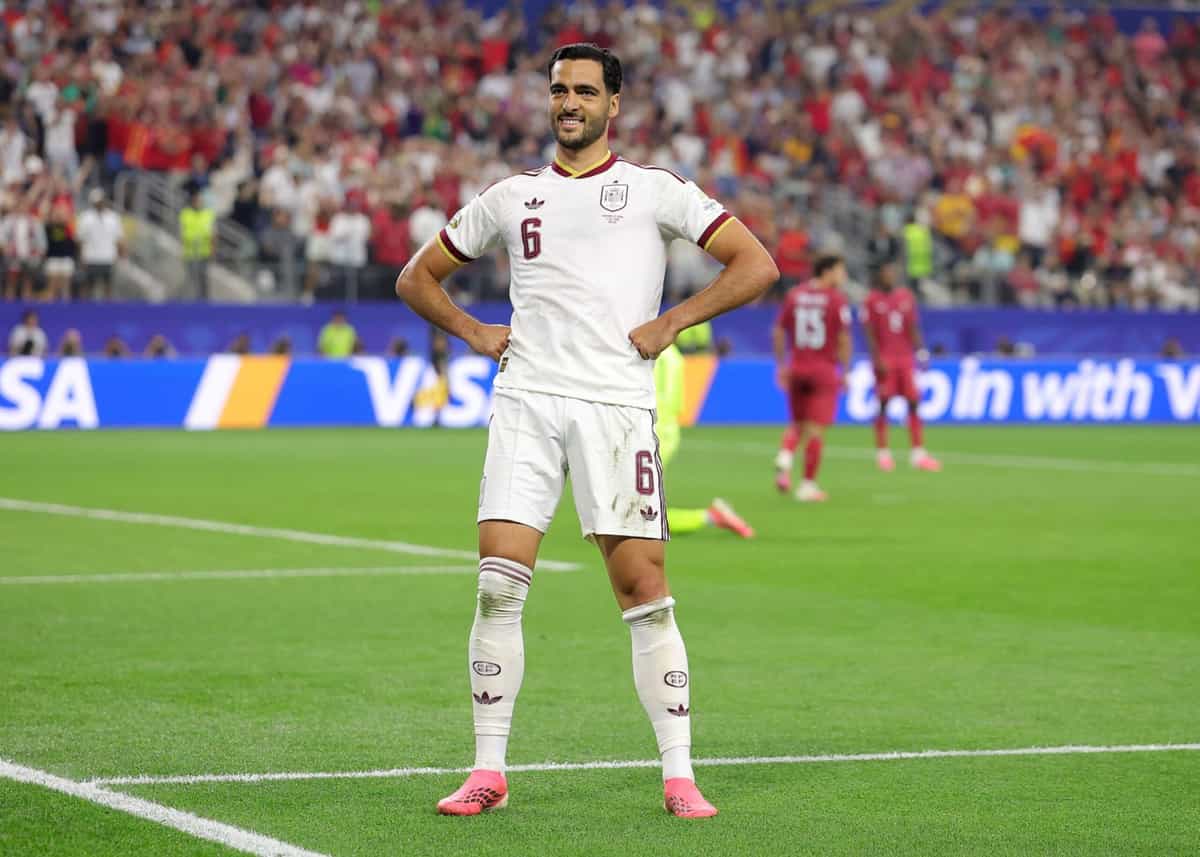 ARLINGTON, TEXAS - JULY 06: Mikel Merino #6 of Spain celebrates scoring his team's first goal during the FIFA World Cup 2026 Round of 16 match between Portugal and Spain at Dallas Stadium on July 06, 2026 in Arlington, Texas. (Photo by Alex Slitz/Getty Images)