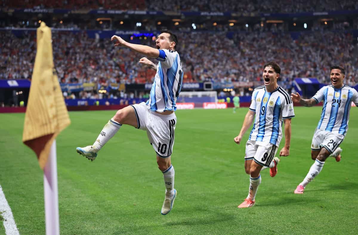 ATLANTA, GEORGIA - JULY 07: Lionel Messi #10 of Argentina celebrates scoring his team's second goal during the FIFA World Cup 2026 Round of 16 match between Argentina and Egypt at Atlanta Stadium on July 07, 2026 in Atlanta, Georgia. (Photo by Elsa/Getty Images)