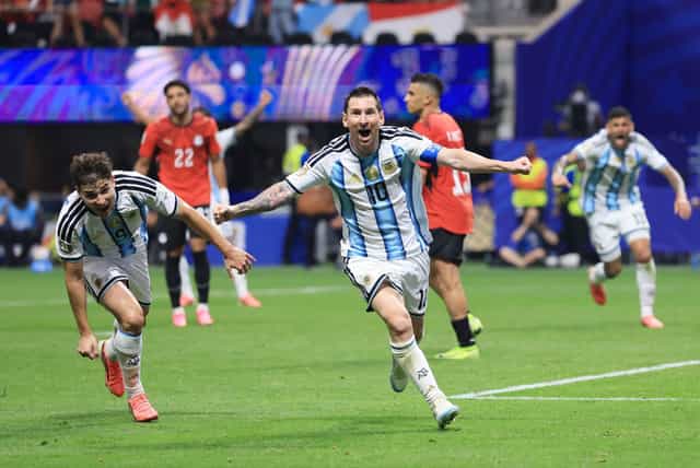 ATLANTA, GEORGIA - JULY 07: Lionel Messi #10 of Argentina celebrates scoring his team's second goal during the FIFA World Cup 2026 Round of 16 match between Argentina and Egypt at Atlanta Stadium on July 07, 2026 in Atlanta, Georgia. (Photo by Elsa/Getty Images)