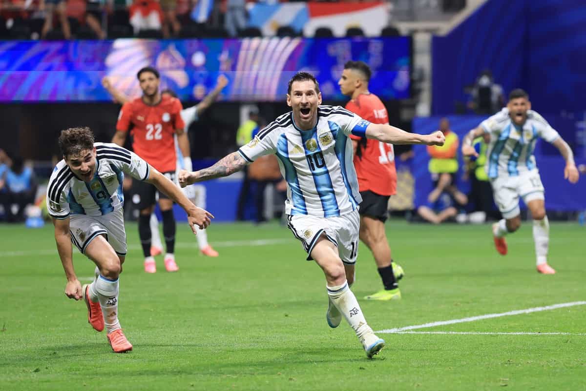 ATLANTA, GEORGIA - JULY 07: Lionel Messi #10 of Argentina celebrates scoring his team's second goal during the FIFA World Cup 2026 Round of 16 match between Argentina and Egypt at Atlanta Stadium on July 07, 2026 in Atlanta, Georgia. (Photo by Elsa/Getty Images)