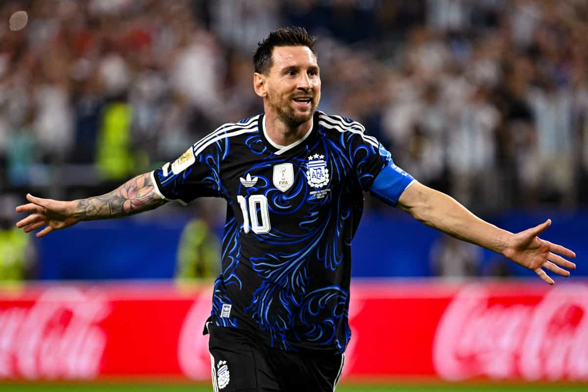 ATLANTA, GEORGIA - JULY 15: Lionel Messi #10 of Argentina celebrates the team's second goal by Lautaro Martinez #22 during the FIFA World Cup 2026 Semi Final match between England and Argentina at Atlanta Stadium on July 15, 2026 in Atlanta, Georgia. (Photo by Shaun Botterill/Getty Images)