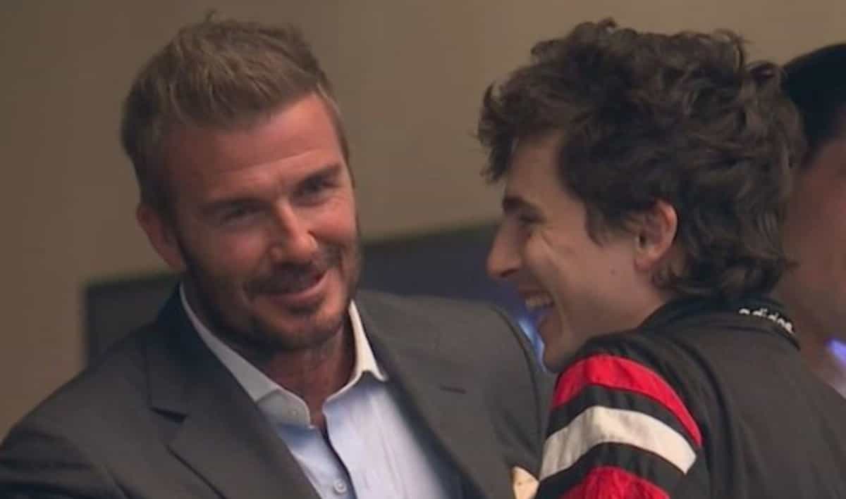 Timothee Chalamet pictured with David Beckham during France vs Spain FIFA World Cup 2026 semi-final clash
