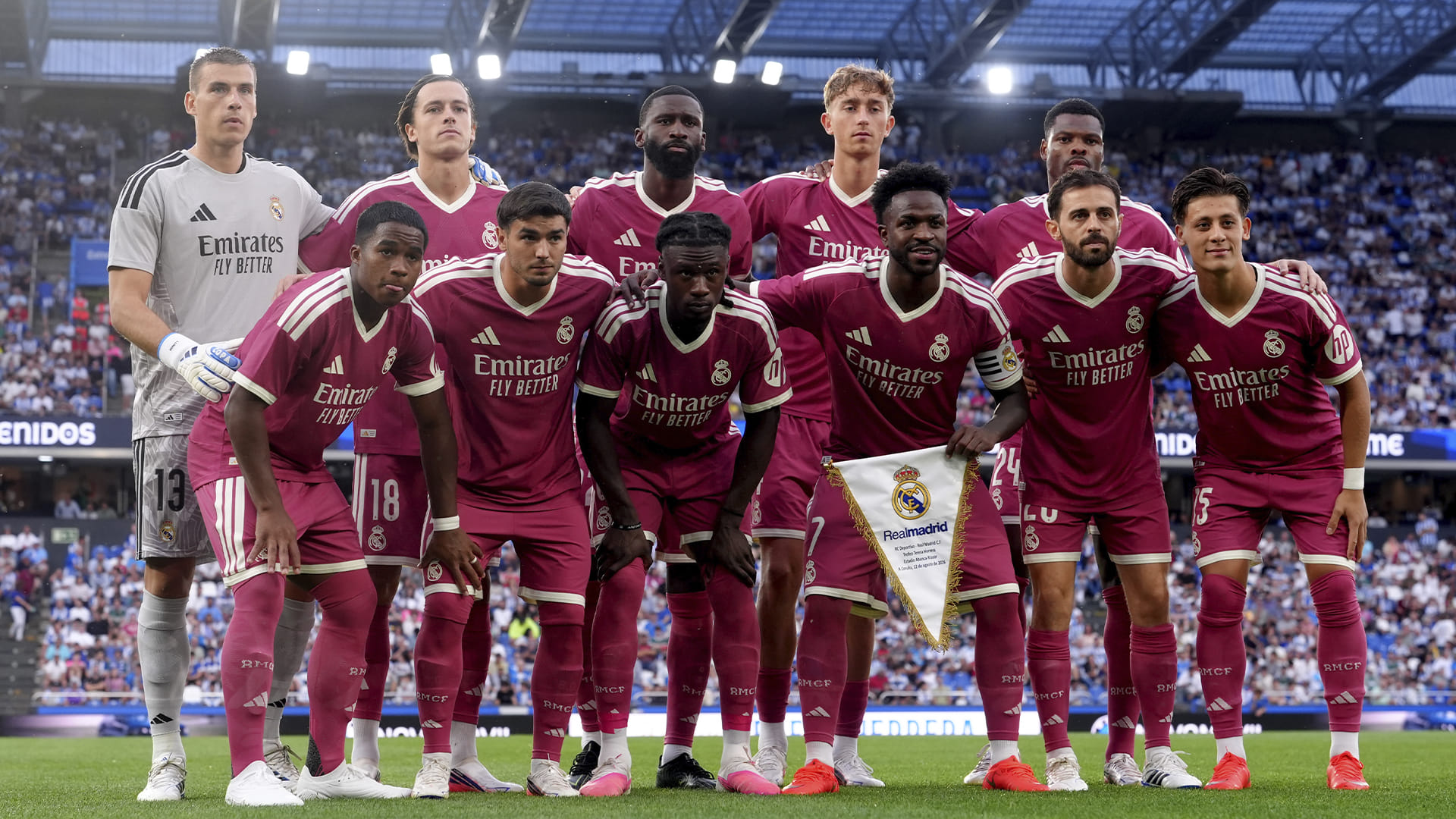 A CORUNA, SPAIN - AUGUST 12: The Real Madrid team line up for a photo prior to kick off during the Trofeo Teresa Herrera match between RC Deportivo A Coruna and Real Madrid at Riazor Stadium on August 12, 2026 in A Coruna, Spain. (Photo by Manuel Queimadelos/Quality Sport Images/Getty Images)