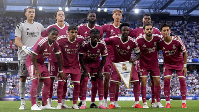 A CORUNA, SPAIN - AUGUST 12: The Real Madrid team line up for a photo prior to kick off during the Trofeo Teresa Herrera match between RC Deportivo A Coruna and Real Madrid at Riazor Stadium on August 12, 2026 in A Coruna, Spain. (Photo by Manuel Queimadelos/Quality Sport Images/Getty Images)