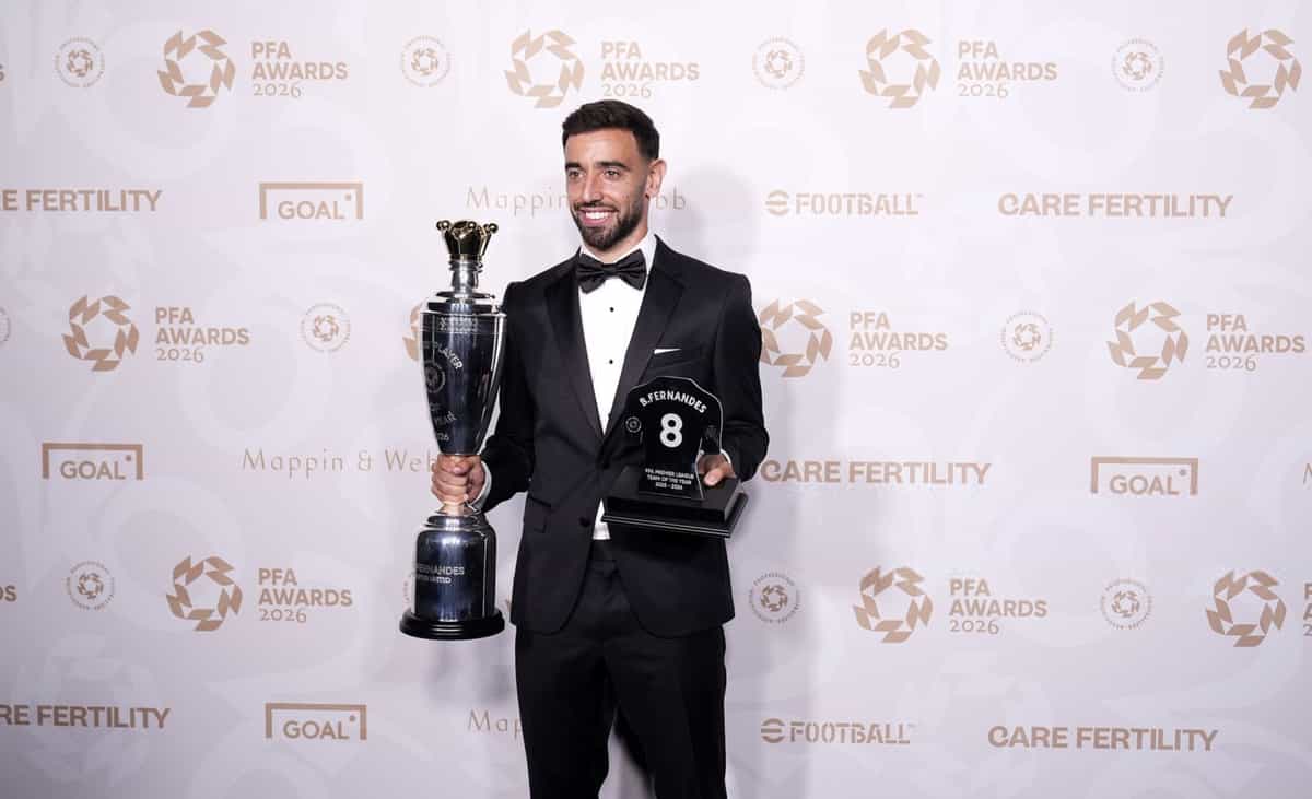 Bruno Fernandes with his PFA Players’ Player of the Year award during the PFA Awards 2026 at Manchester Opera House. Picture date: Tuesday August 25, 2026. (Photo by Peter Byrne/PA Images via Getty Images)