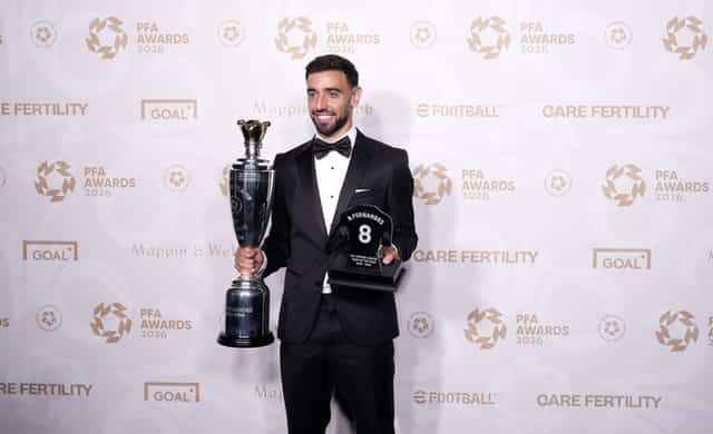Bruno Fernandes with his PFA Players’ Player of the Year award during the PFA Awards 2026 at Manchester Opera House. Picture date: Tuesday August 25, 2026. (Photo by Peter Byrne/PA Images via Getty Images)