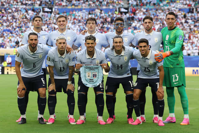 MIAMI GARDENS, FLORIDA - JUNE 21: Uruguay players pose for a team photograph before the FIFA World Cup 2026 Group H match between Uruguay and Cabo Verde at Miami Stadium on June 21, 2026 in Miami Gardens, Florida. (Photo by Lars Baron/Getty Images)