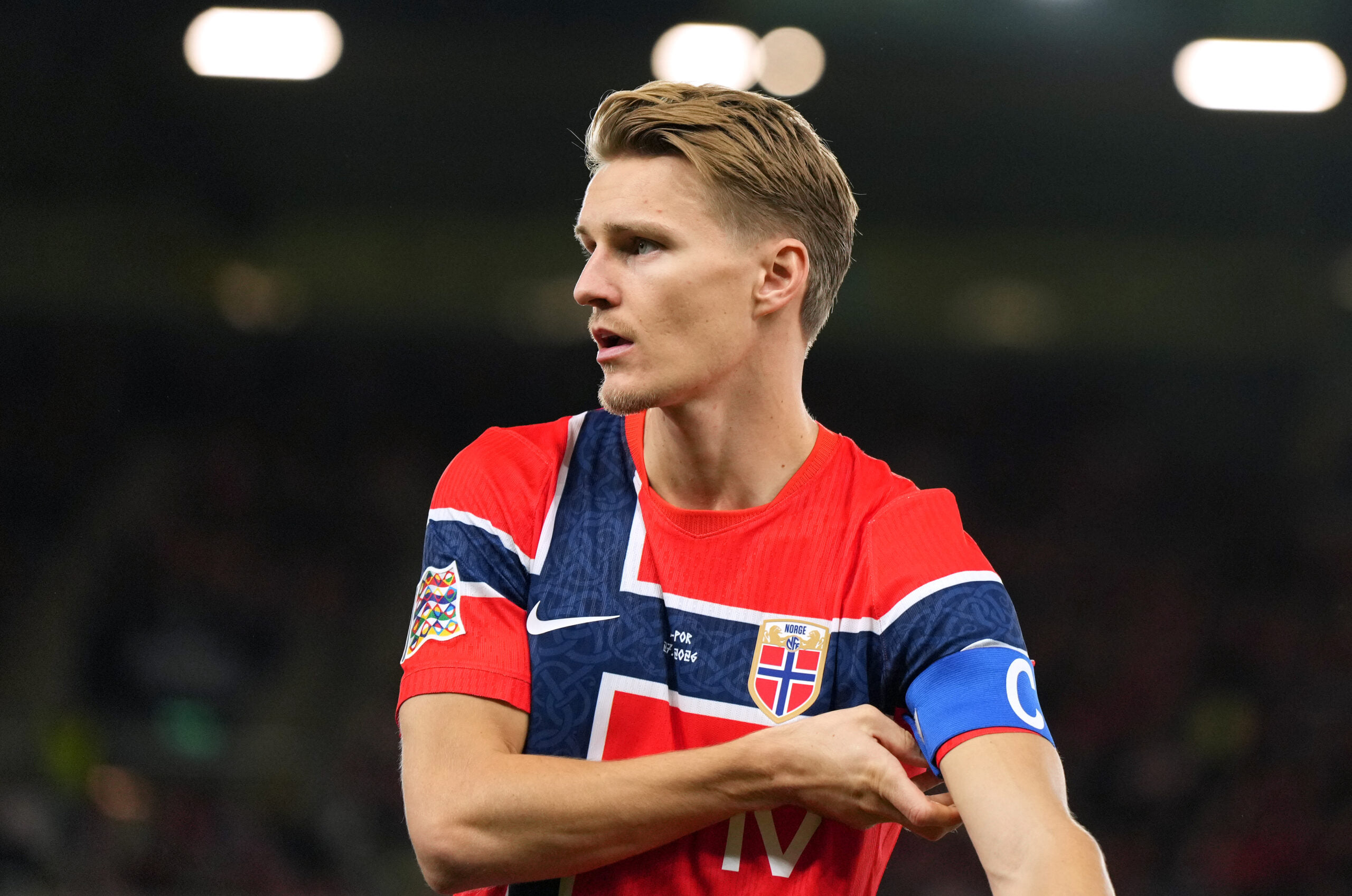 OSLO, NORWAY - SEPTEMBER 27: Martin Odegaard of Norway adjusts his captains armband before the UEFA Nations League 2026/27 group phase match between Norway and Portugal at Ullevaal Stadion on September 27, 2026 in Oslo, Norway. (Photo by Marius Nordnes / Nordnes Foto/Getty Images)