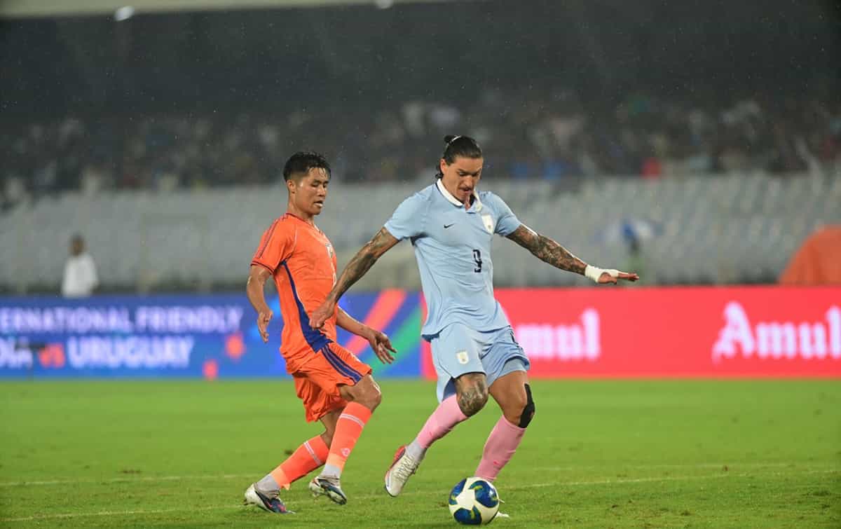 Uruguay’s Darwin Nunez scores from the penalty spot against India (Courtesy: Trisham Das/Khel Now)