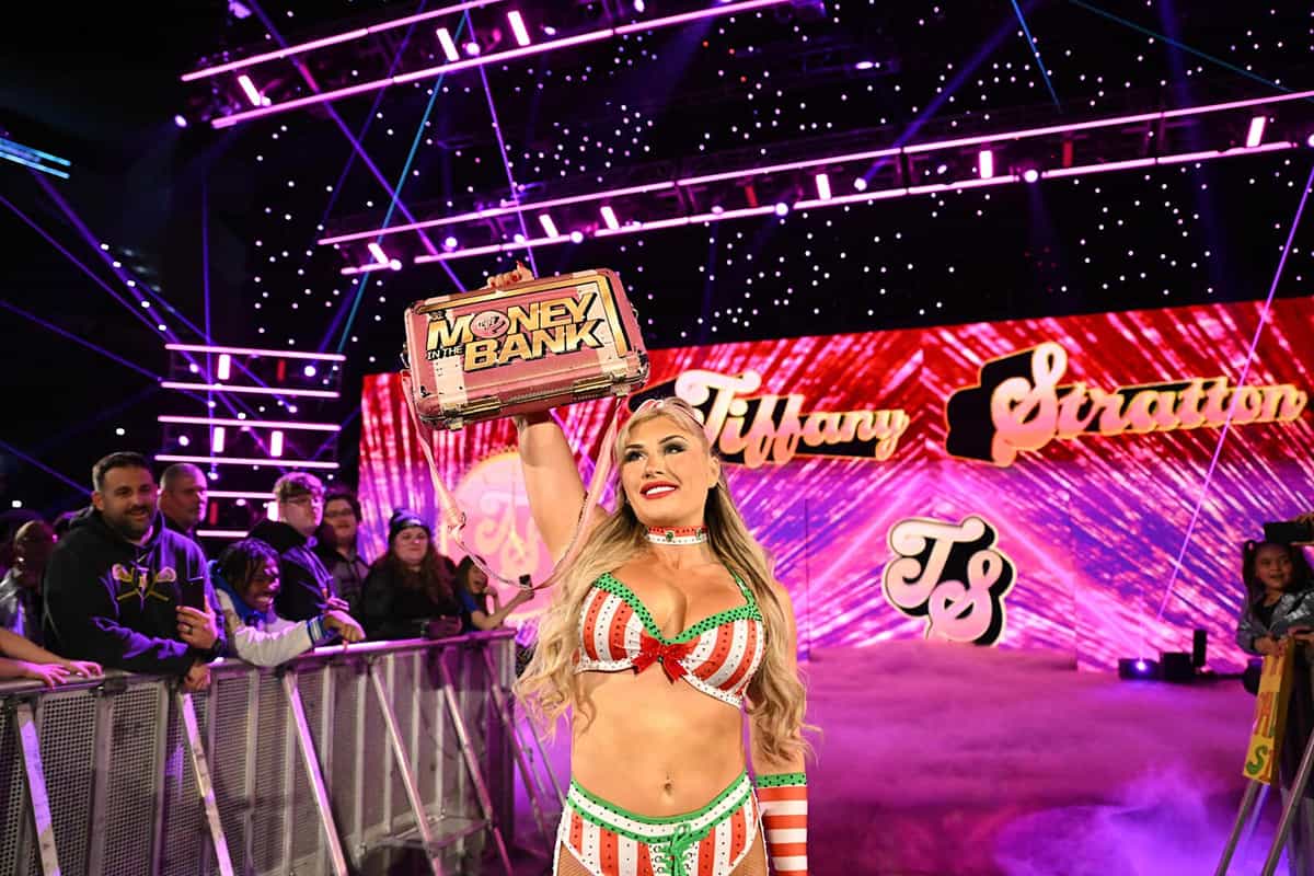 HARTFORD, CONNECTICUT - DECEMBER 13: Tiffany Stratton makes her entrance during Friday Night SmackDown at XL Center on December 13, 2024 in Hartford, Connecticut. (Photo by WWE/Getty Images)WWE/Getty Images